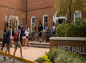 Students coming and going from Ames Hall on MVC