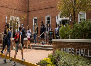 Students coming and going from Ames Hall on MVC