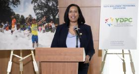D.C. Mayor Muriel Bowser praised the new partnership between GW and the Department of Parks and Recreation, and thanked the 30 public servants in the new program’s inaugural cohort. (Lily Speredelozzi/GW Today)